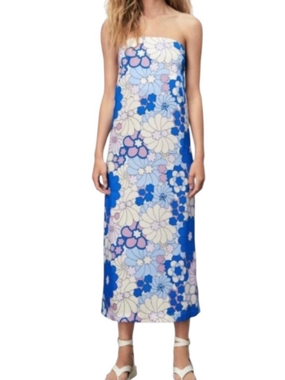 ·Zara· Strapless Floral Retro Mod Midi Dress